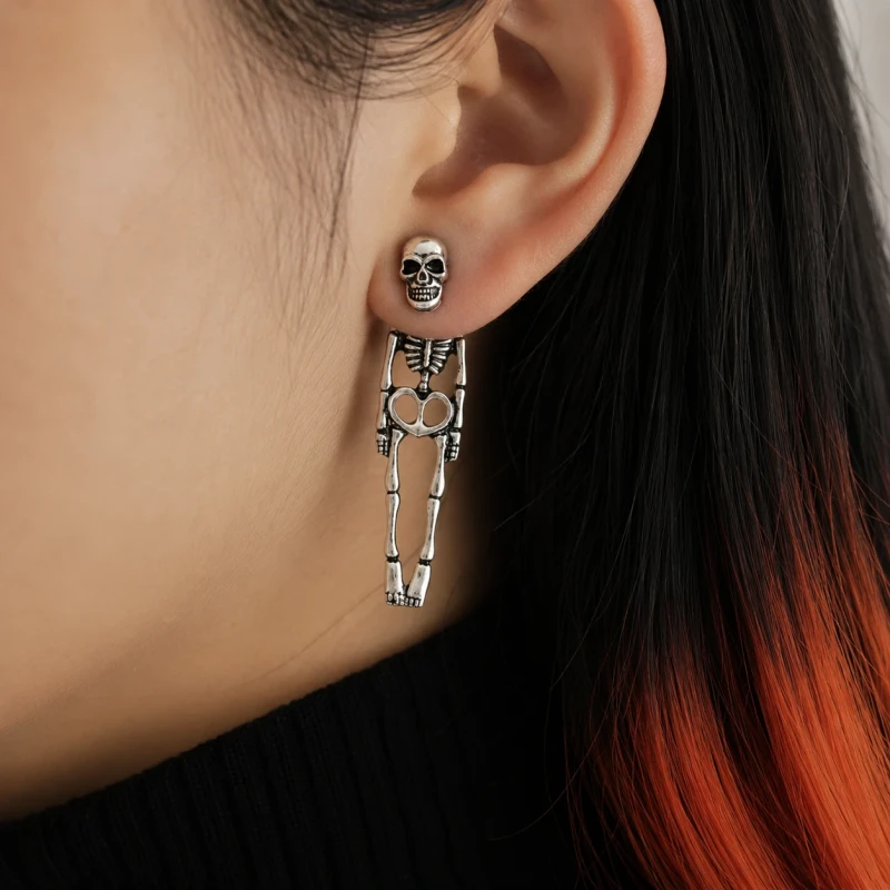 Silver Skeleton Drop Earrings – Gothic Skull Dangle Earrings for Women & Men | Punk Alternative Jewelry